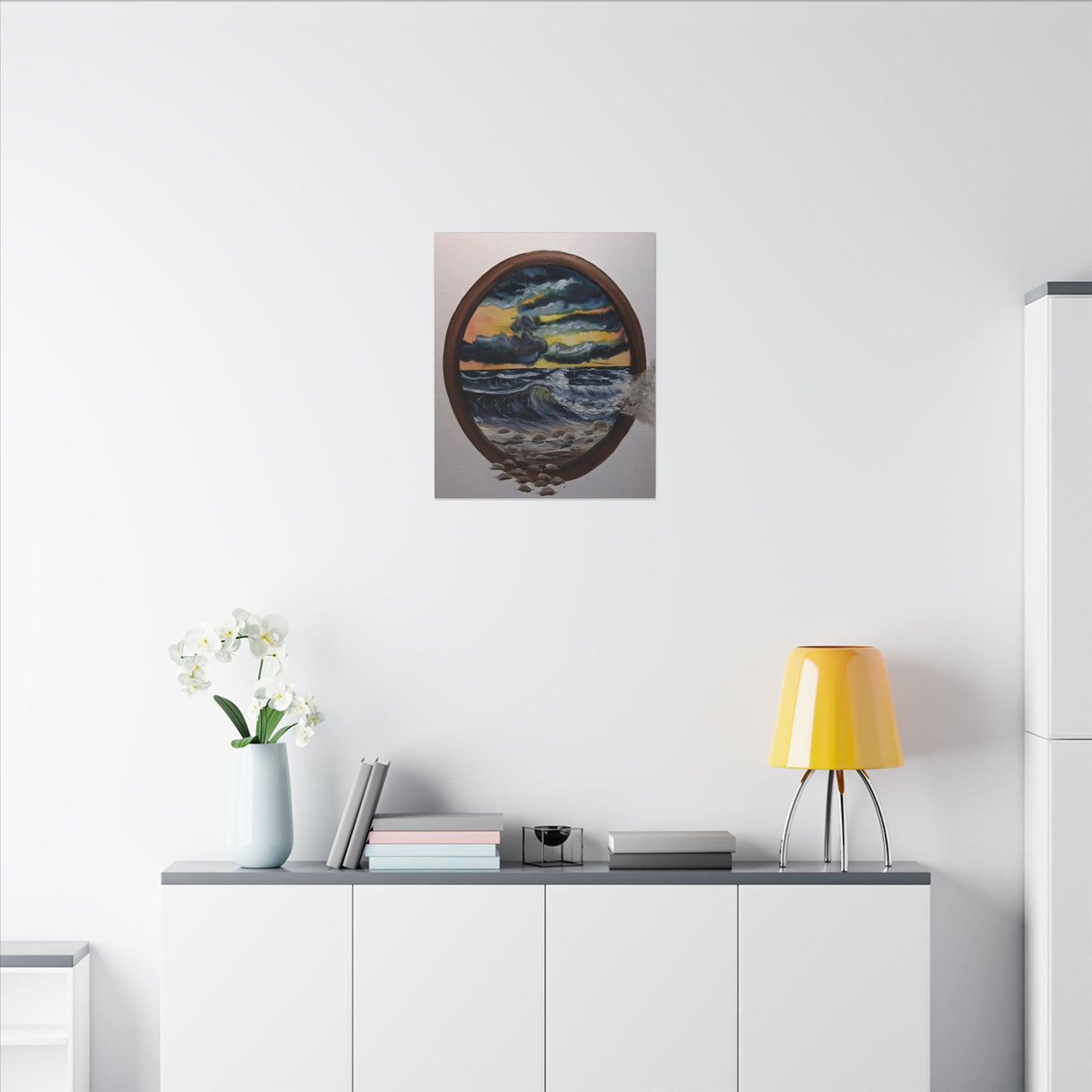 Ocean Sunset Canvas Art — Stormy Seascape in Oval Frame