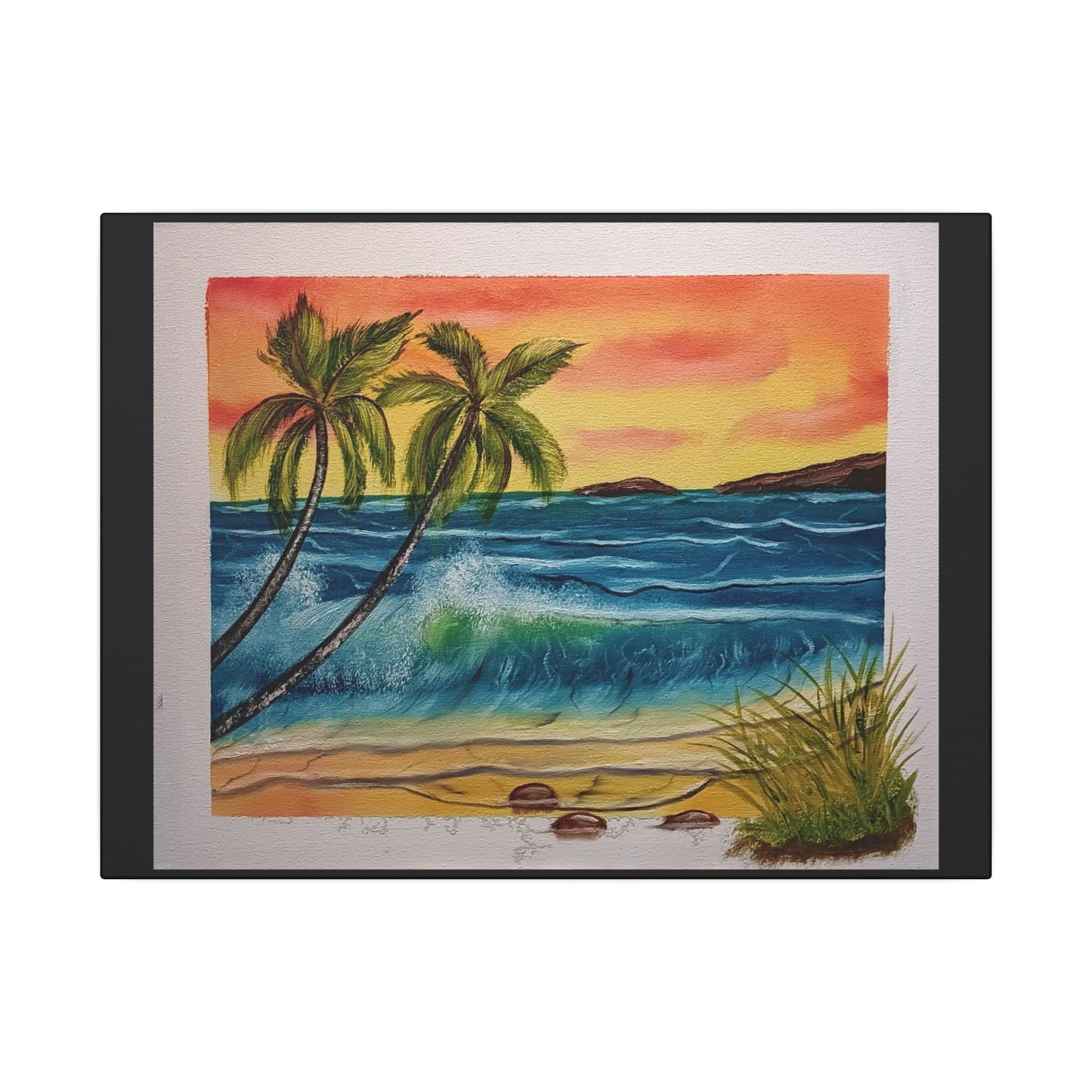 Tropical Sunset Beach Canvas Print — Palm Trees & Ocean Waves Matte Stretched Art