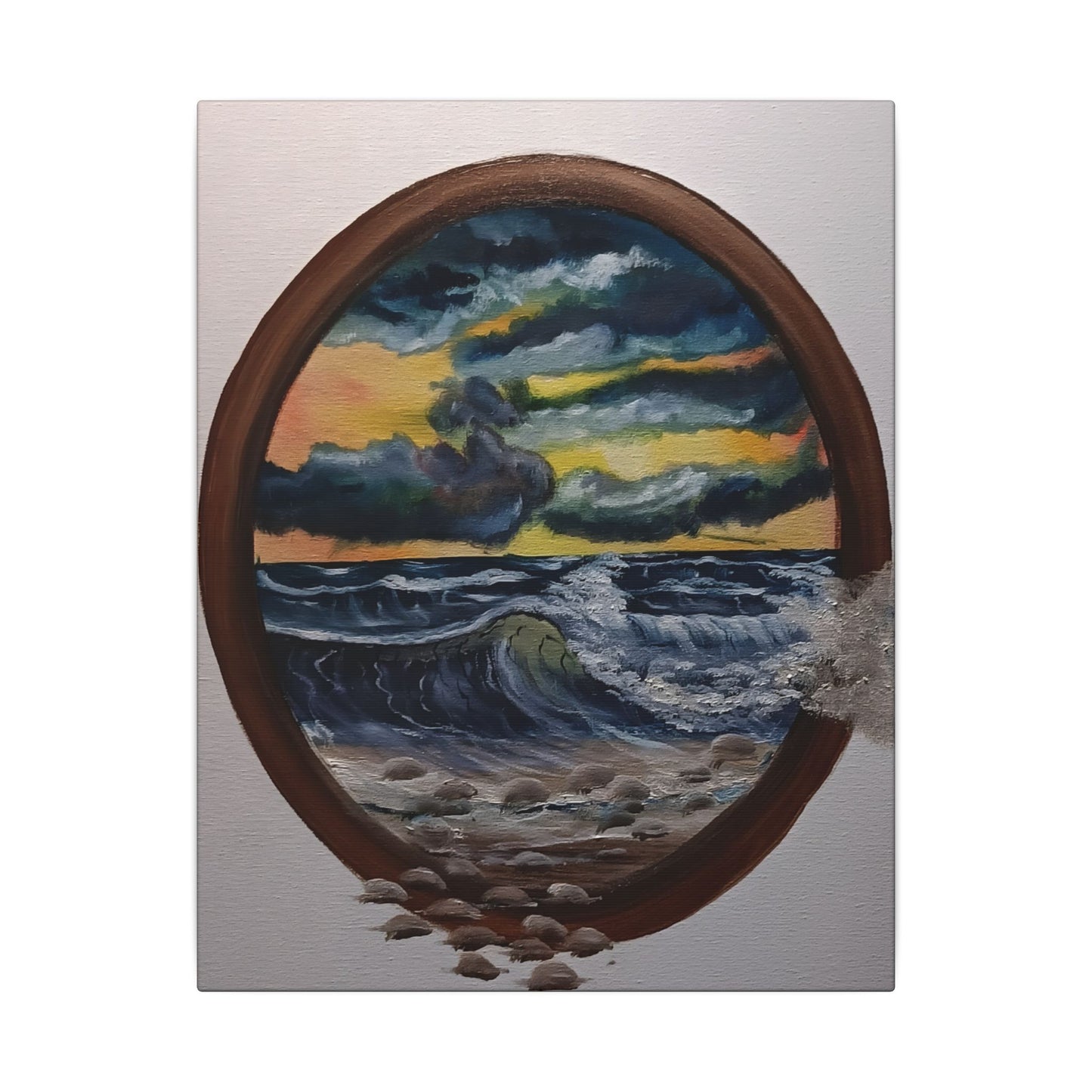 Ocean Sunset Canvas Art — Stormy Seascape in Oval Frame