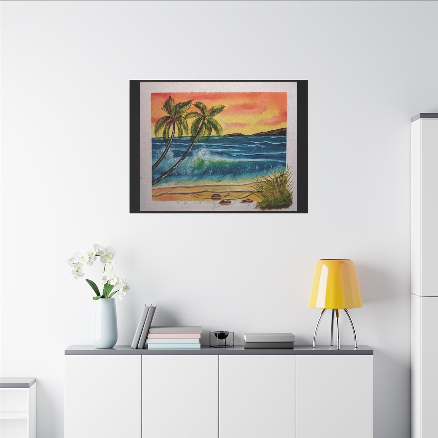 Tropical Sunset Beach Canvas Print — Palm Trees & Ocean Waves Matte Stretched Art