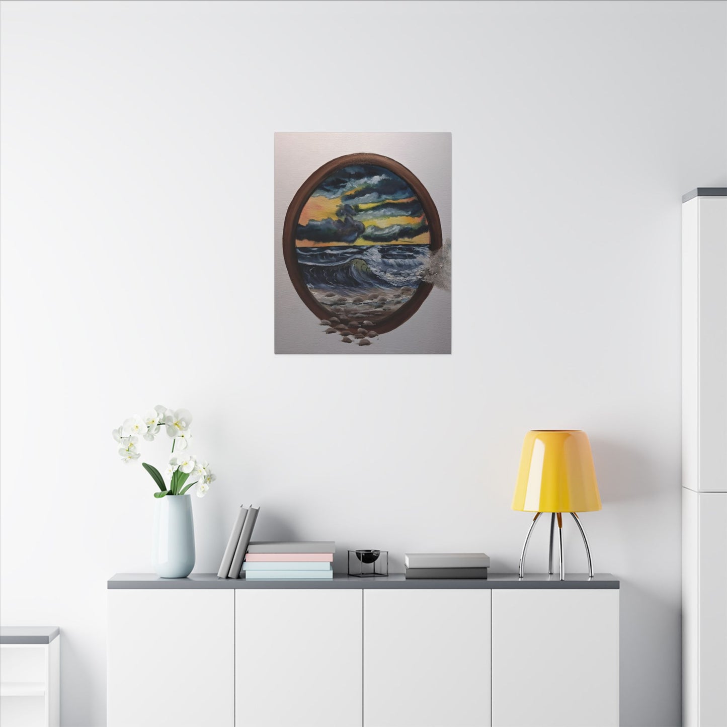Ocean Sunset Canvas Art — Stormy Seascape in Oval Frame