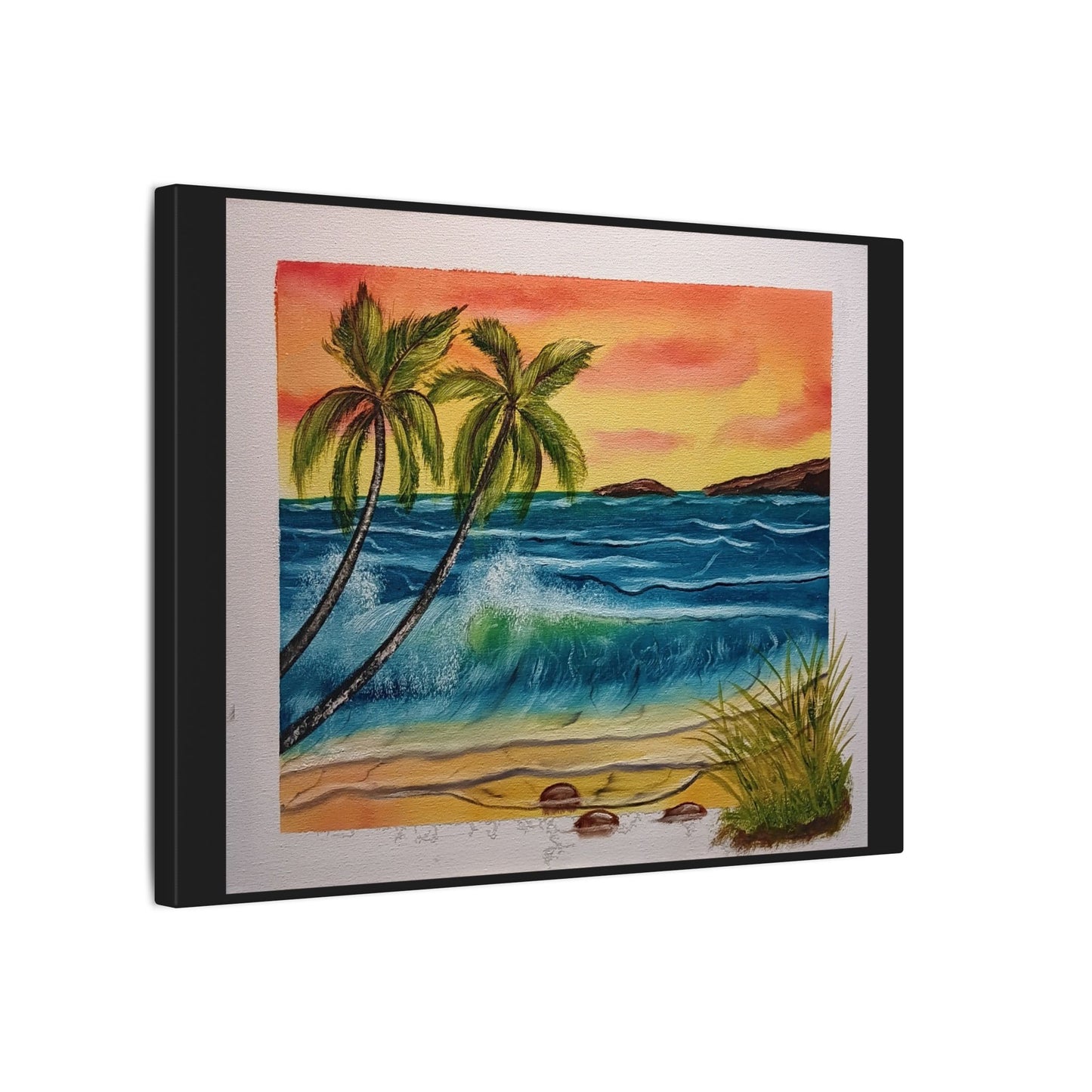 Tropical Sunset Beach Canvas Print — Palm Trees & Ocean Waves Matte Stretched Art