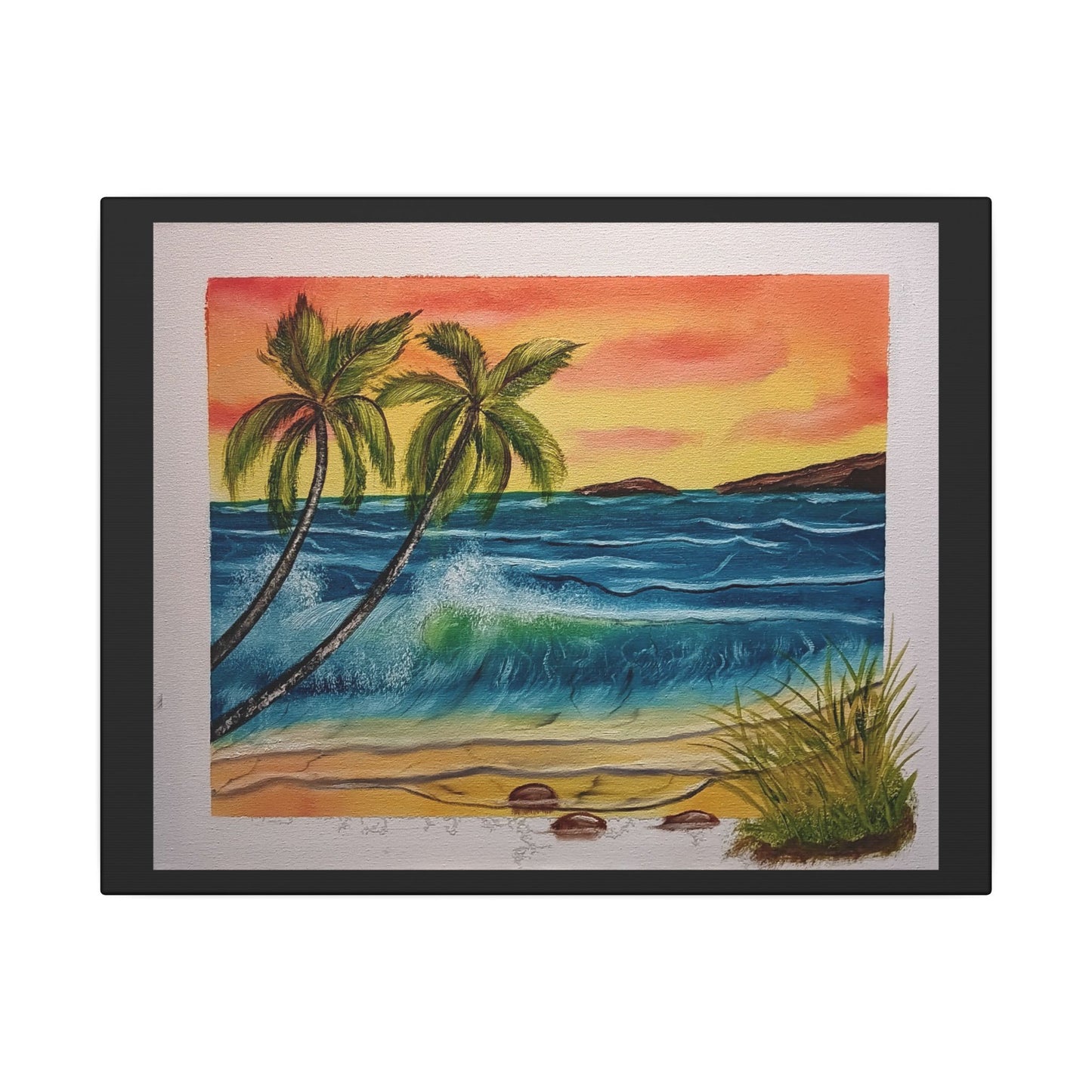 Tropical Sunset Beach Canvas Print — Palm Trees & Ocean Waves Matte Stretched Art