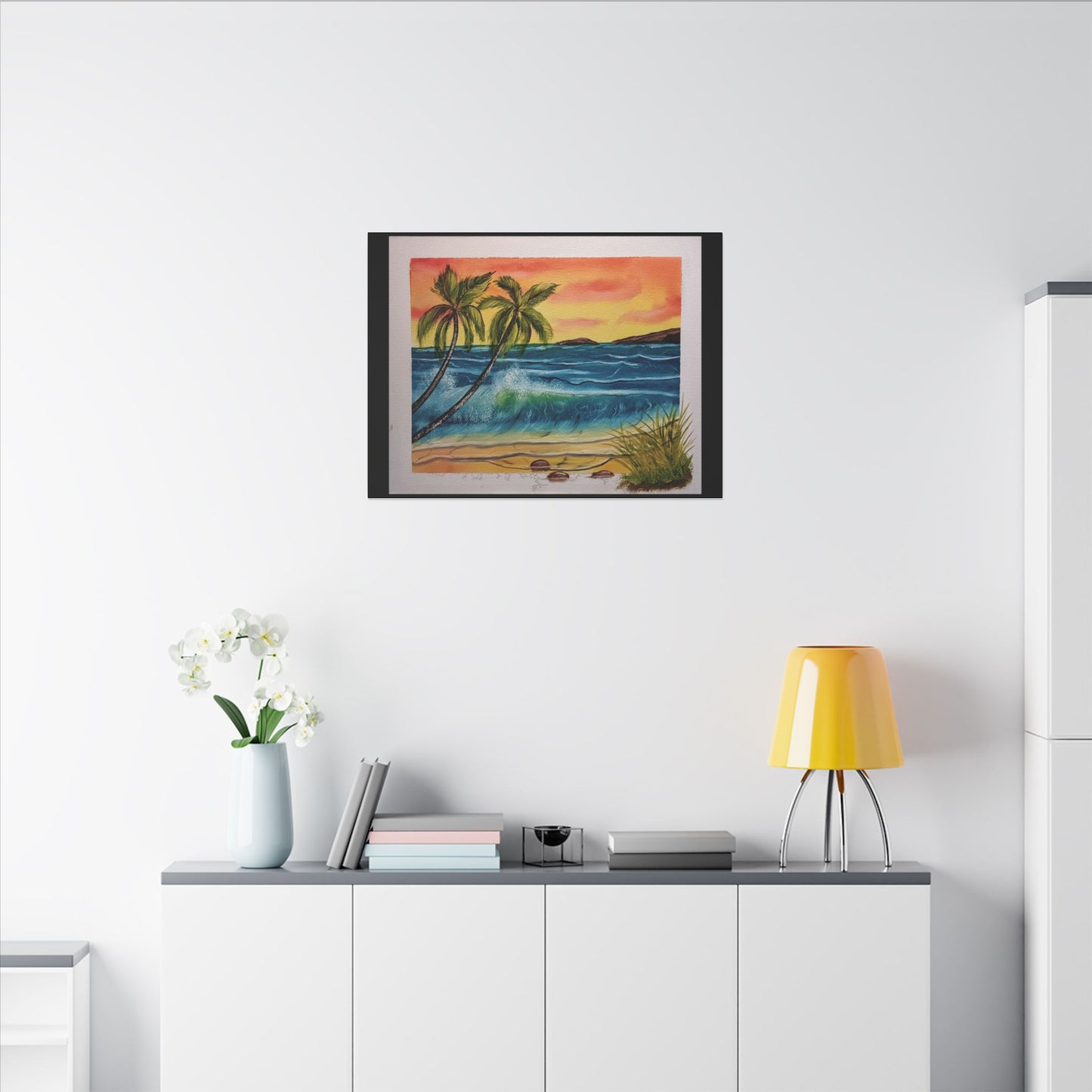 Tropical Sunset Beach Canvas Print — Palm Trees & Ocean Waves Matte Stretched Art