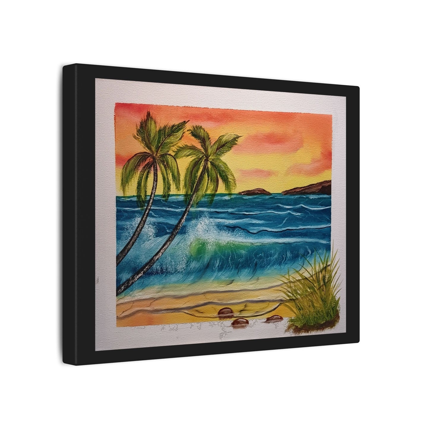 Tropical Sunset Beach Canvas Print — Palm Trees & Ocean Waves Matte Stretched Art