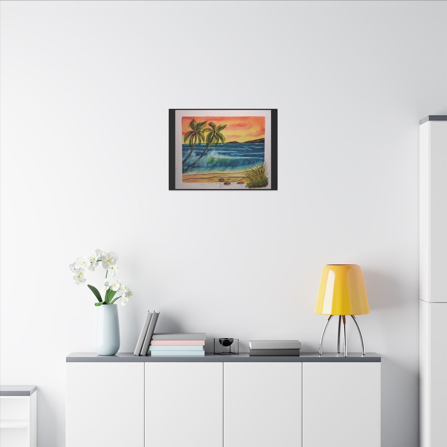 Tropical Sunset Beach Canvas Print — Palm Trees & Ocean Waves Matte Stretched Art