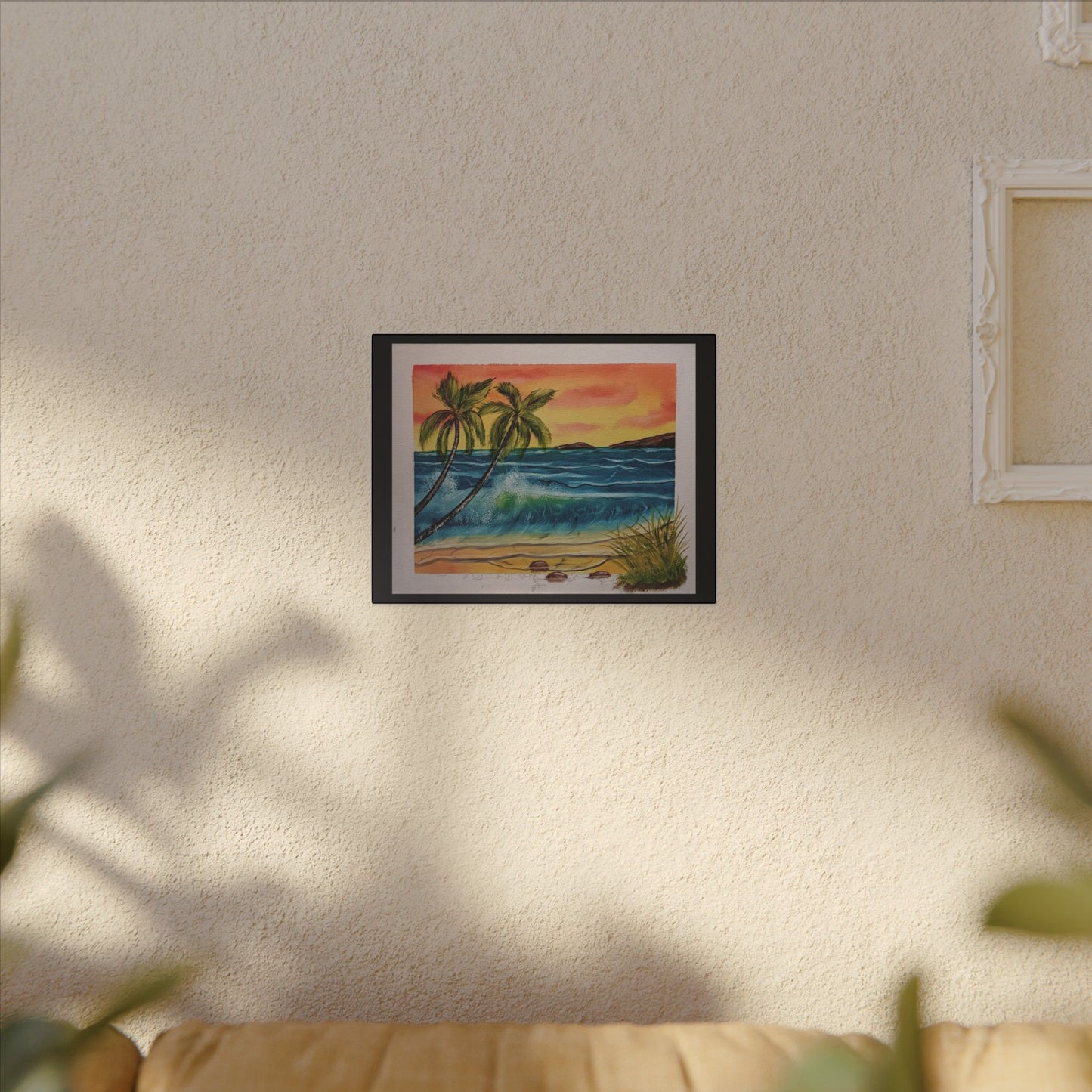 Tropical Sunset Beach Canvas Print — Palm Trees & Ocean Waves Matte Stretched Art