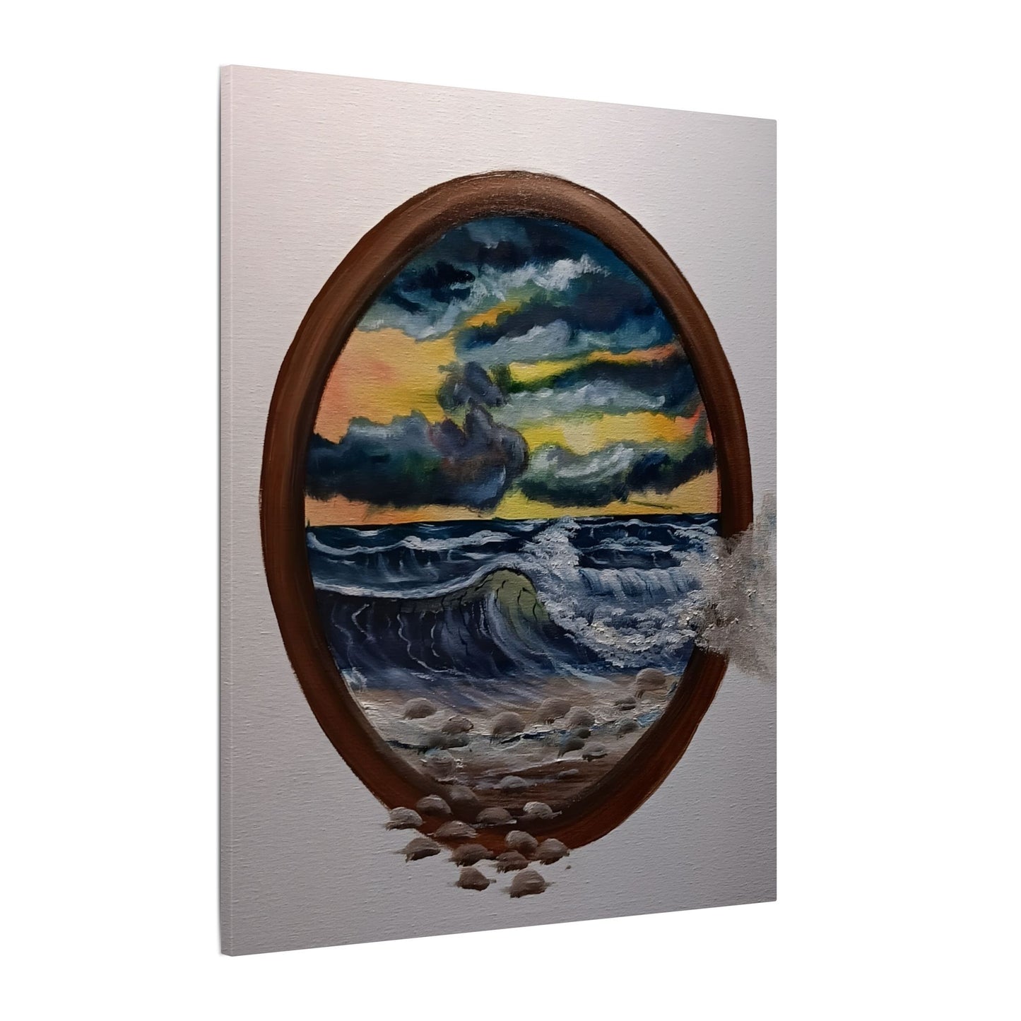 Ocean Sunset Canvas Art — Stormy Seascape in Oval Frame