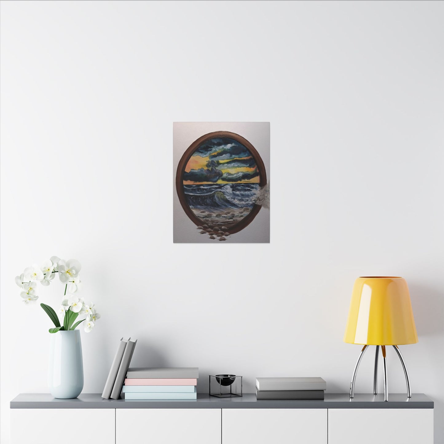 Ocean Sunset Canvas Art — Stormy Seascape in Oval Frame