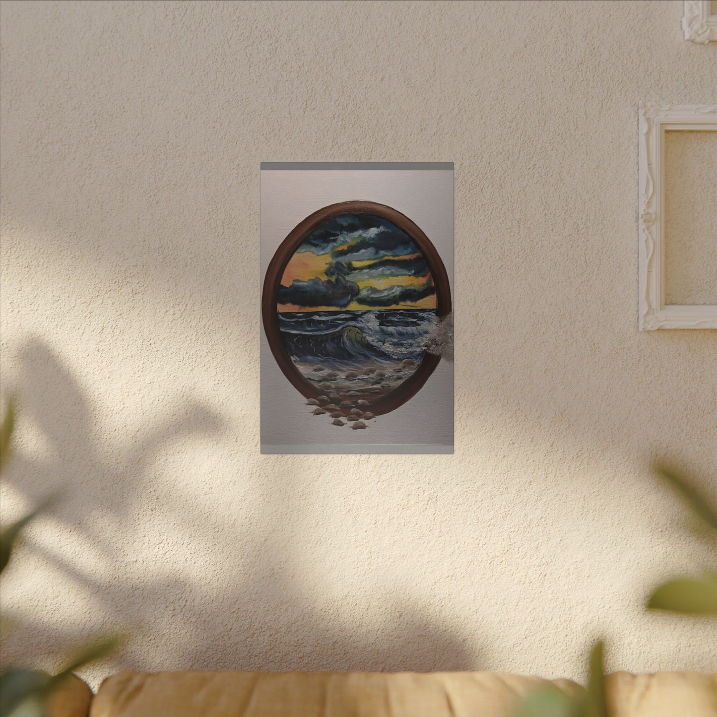 Ocean Sunset Canvas Art — Stormy Seascape in Oval Frame