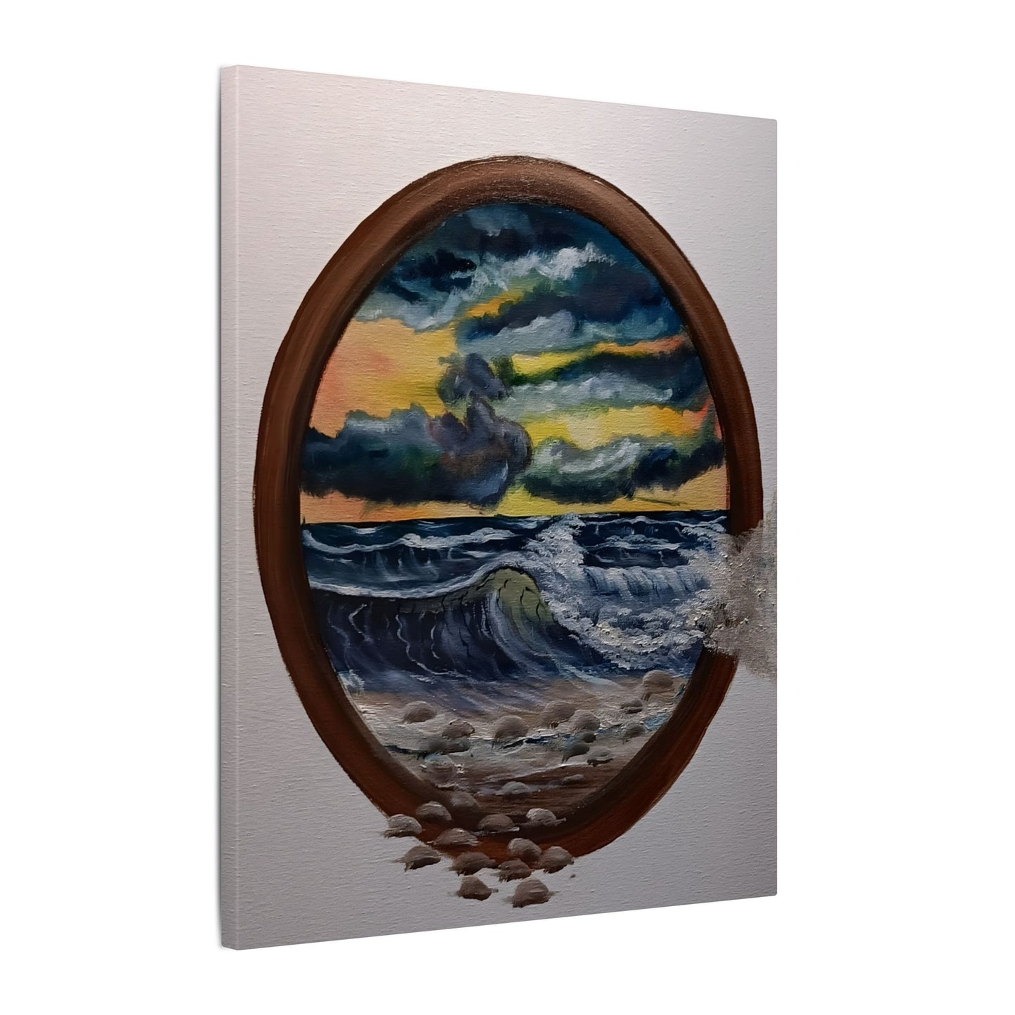 Ocean Sunset Canvas Art — Stormy Seascape in Oval Frame
