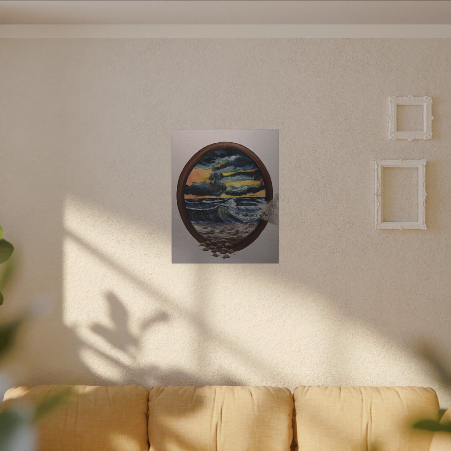 Ocean Sunset Canvas Art — Stormy Seascape in Oval Frame