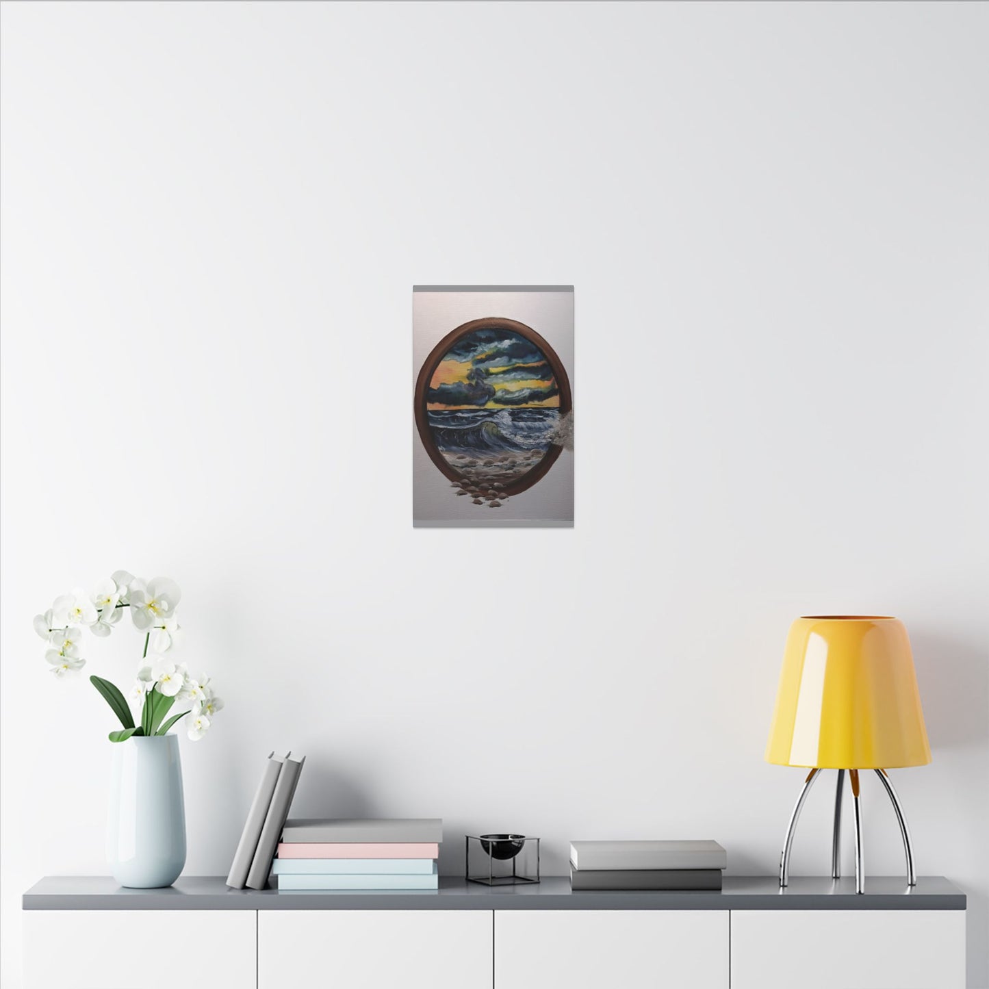 Ocean Sunset Canvas Art — Stormy Seascape in Oval Frame