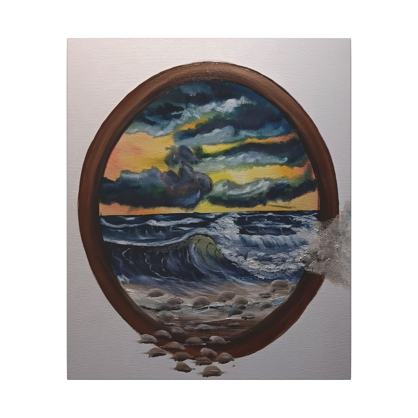 Ocean Sunset Canvas Art — Stormy Seascape in Oval Frame