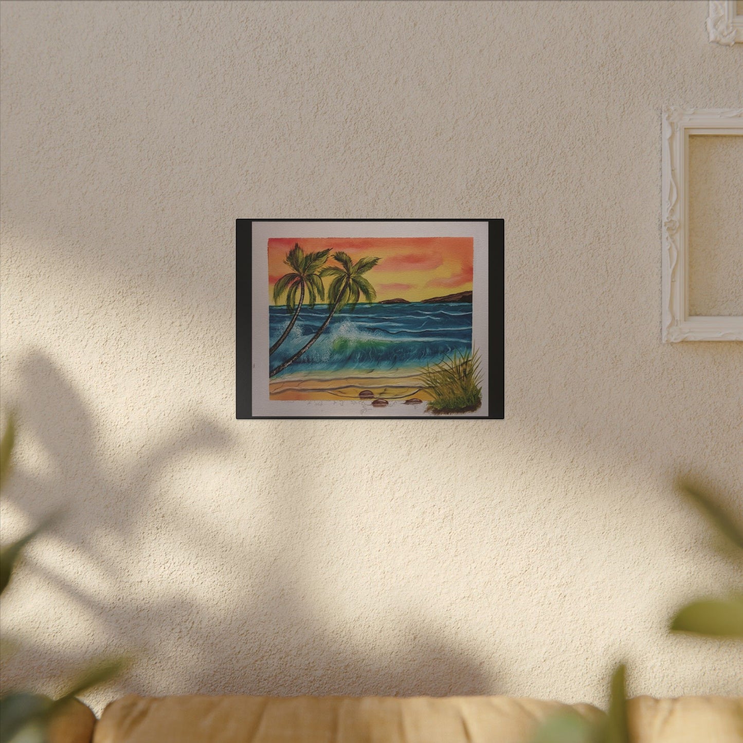Tropical Sunset Beach Canvas Print — Palm Trees & Ocean Waves Matte Stretched Art