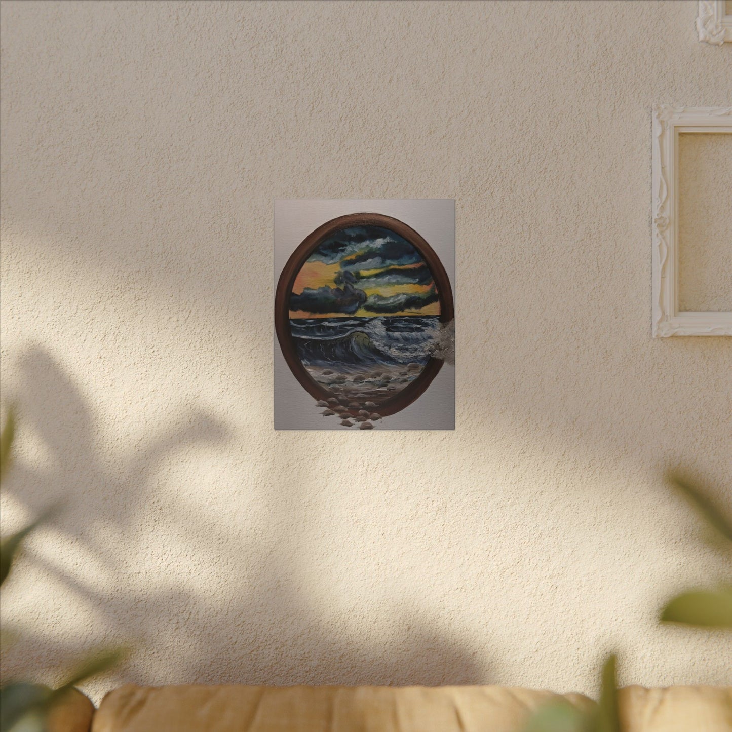 Ocean Sunset Canvas Art — Stormy Seascape in Oval Frame