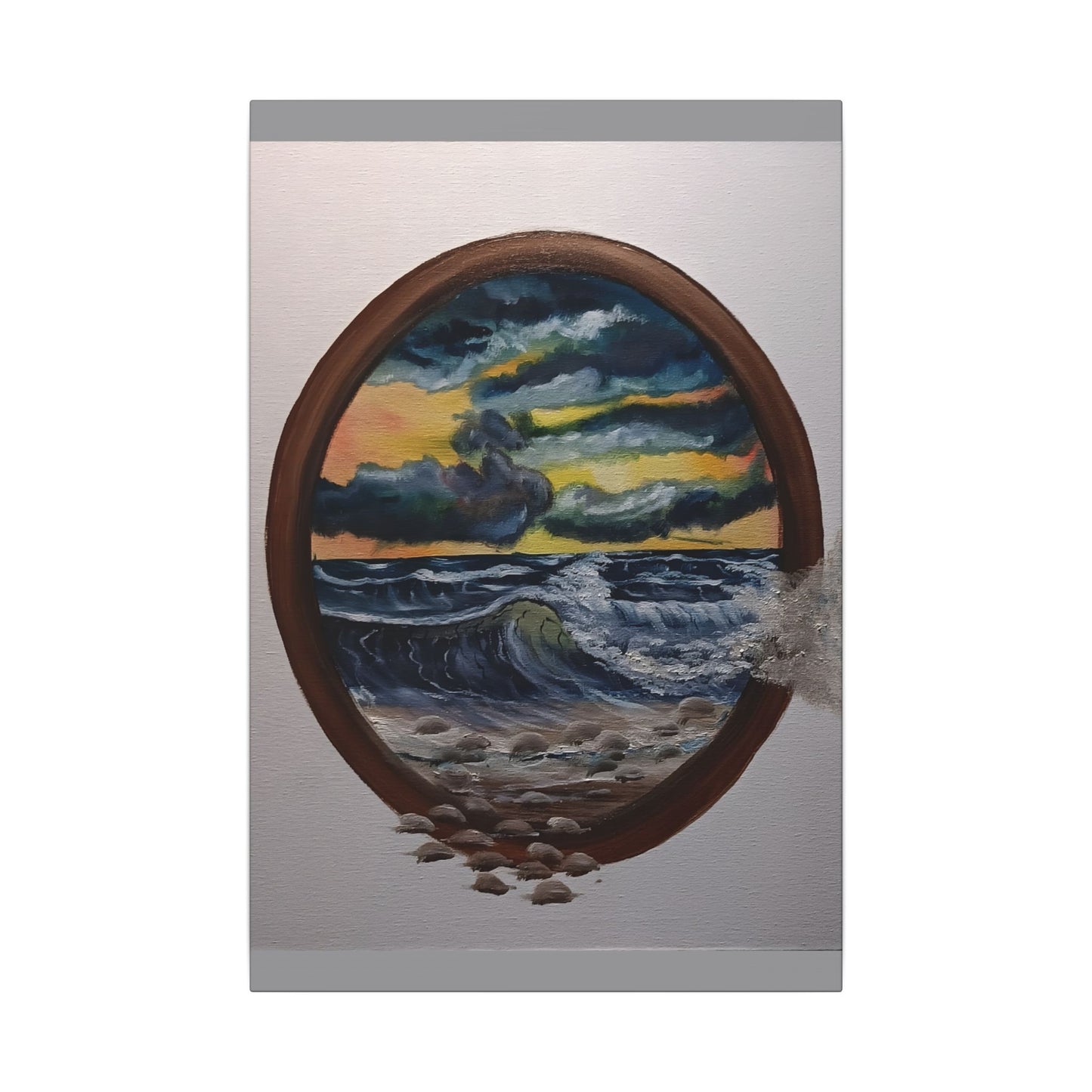 Ocean Sunset Canvas Art — Stormy Seascape in Oval Frame
