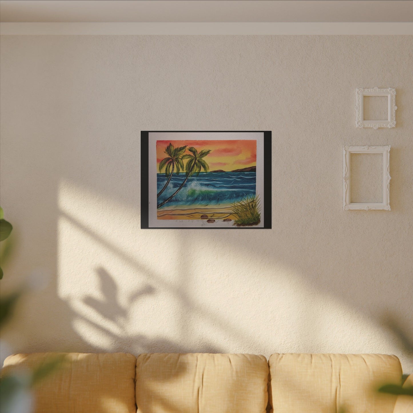 Tropical Sunset Beach Canvas Print — Palm Trees & Ocean Waves Matte Stretched Art
