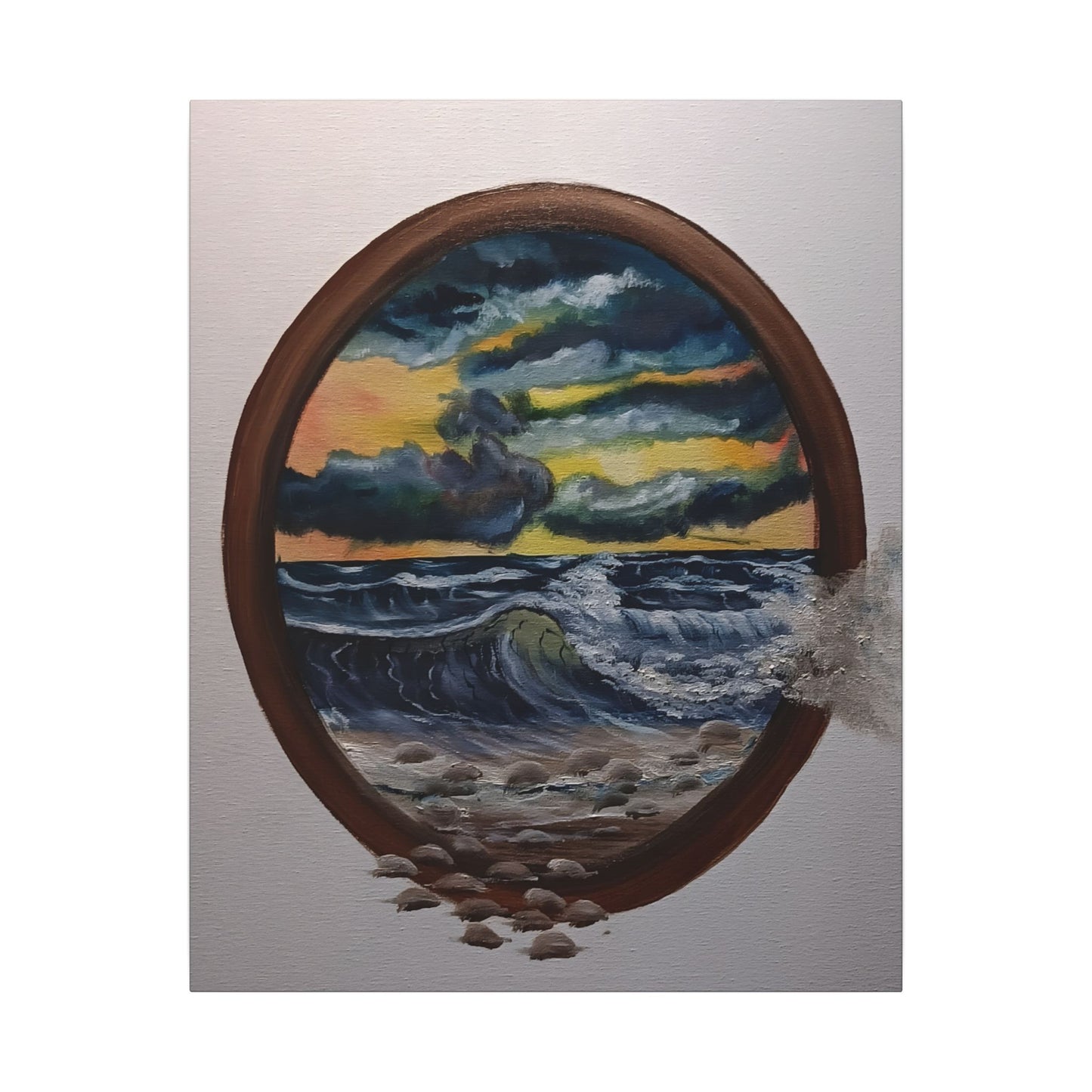 Ocean Sunset Canvas Art — Stormy Seascape in Oval Frame