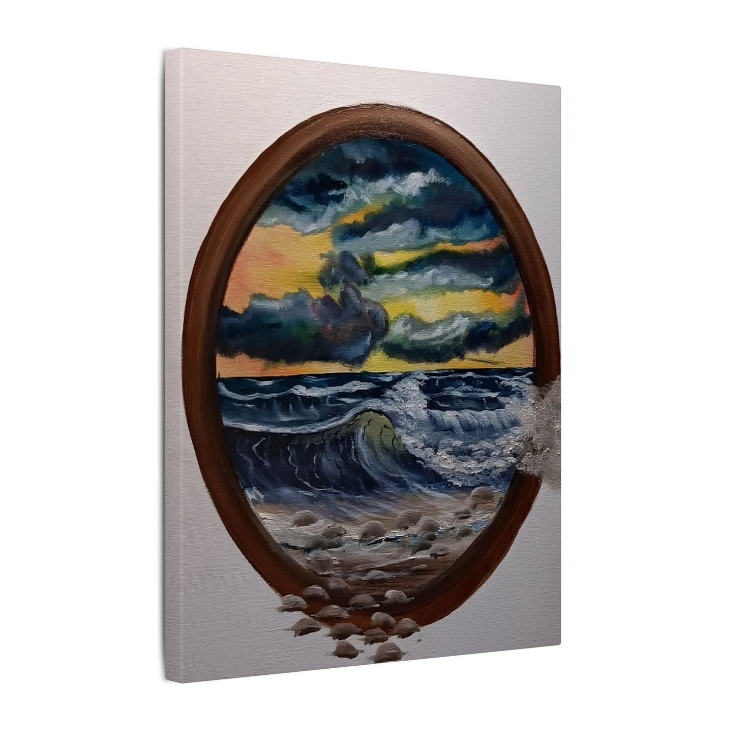 Ocean Sunset Canvas Art — Stormy Seascape in Oval Frame